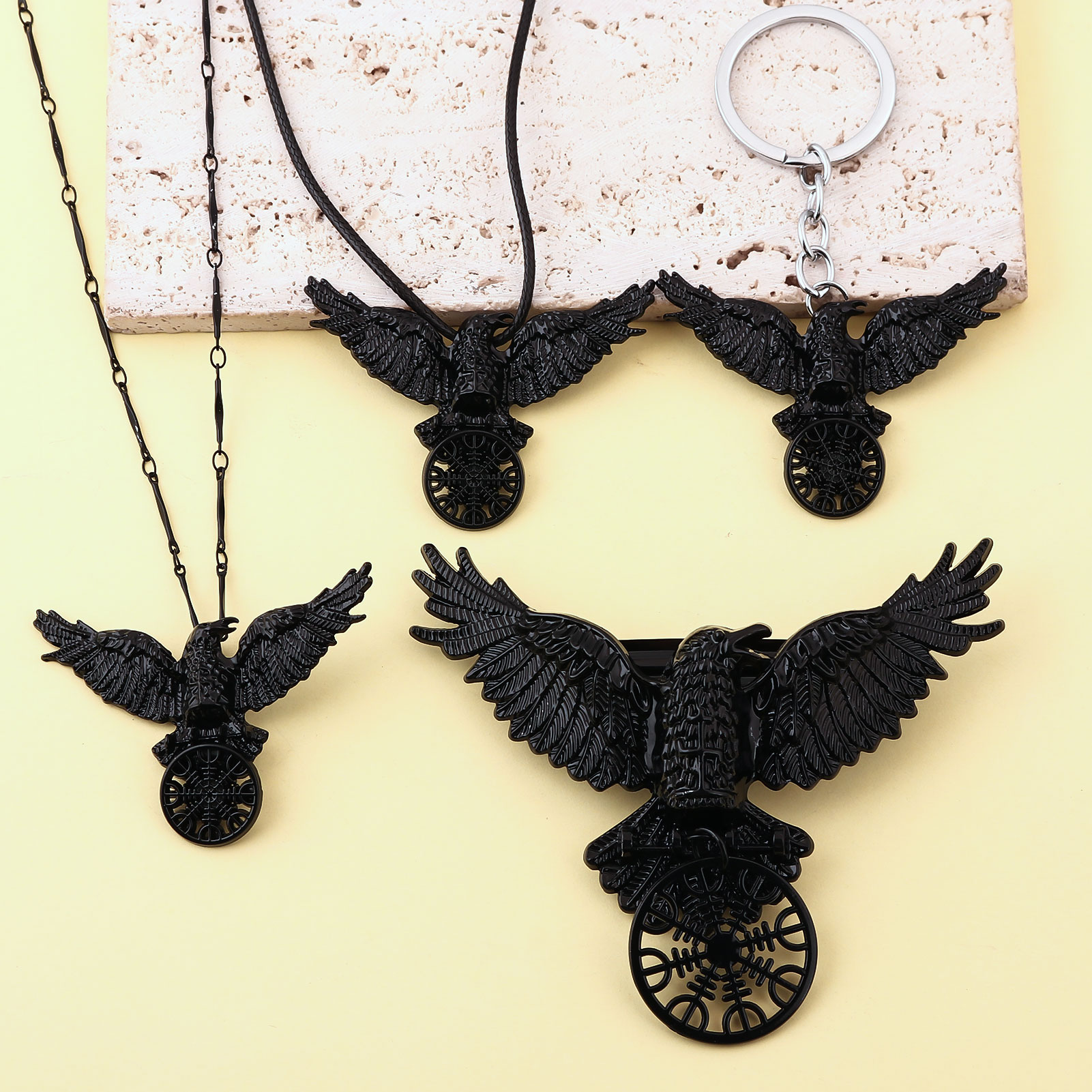 Compass Keychain Mini - Collar de cuervo negro vikingo Vintage,