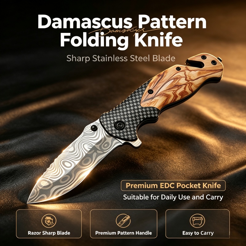 Edc Concealed Carry Knife - Navaja Plegable con Patrón Damasco, Hoja